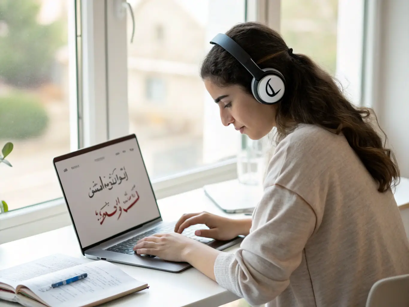 An image of a learner engaging with a computer screen displaying language learning modules, focusing on English Language Mastery.