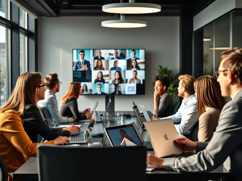 A diverse group of professionals collaborating in a virtual meeting, emphasizing effective workplace communication and soft skills.
